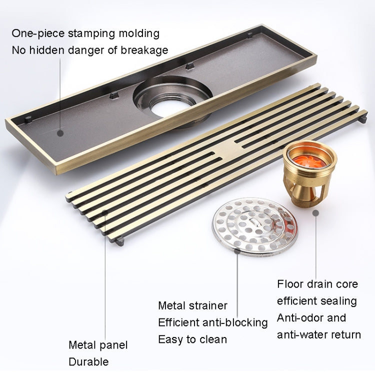 8x30cm Extended Full Copper Strip Floor Drain, Style: K8034 Chrome Plated+Black Straight Row