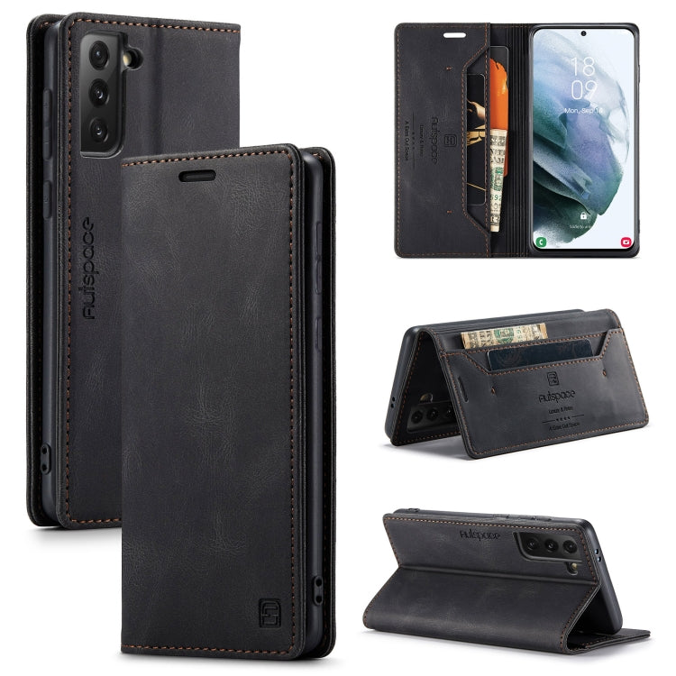 For Samsung Galaxy S21 5G AutSpace A01 Retro Skin-feel Crazy Horse Texture Horizontal Flip Leather Case with Holder & Card Slots & Wallet & RFID(Black)