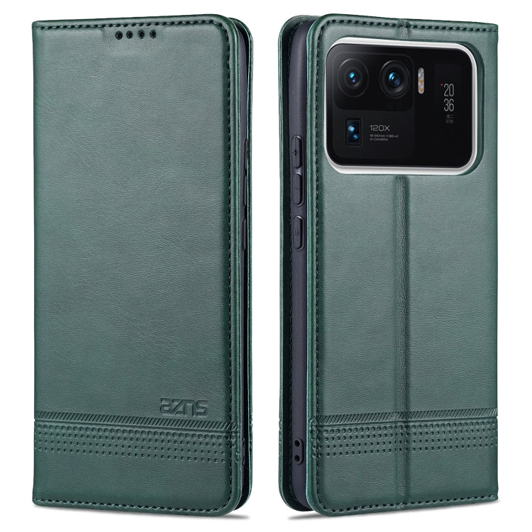 For Xiaomi Mi 11 Ultra AZNS Magnetic Calf Texture Horizontal Flip Leather Case with Card Slots & Holder & Wallet(Dark Green)