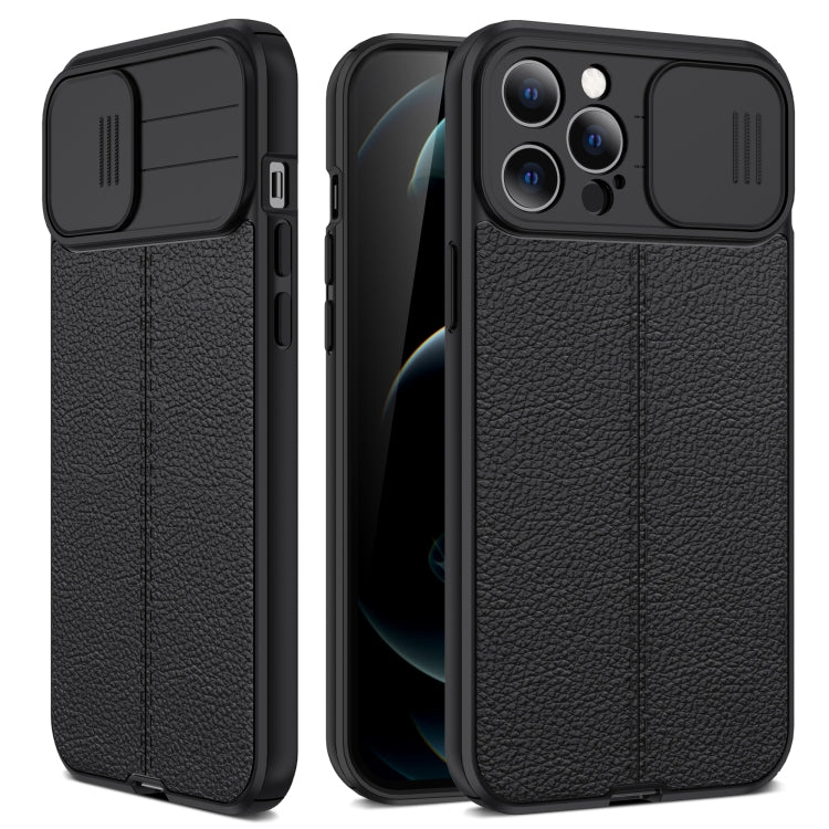 For iPhone 12 Pro Litchi Texture Sliding Camshield TPU Protective Case(Black)