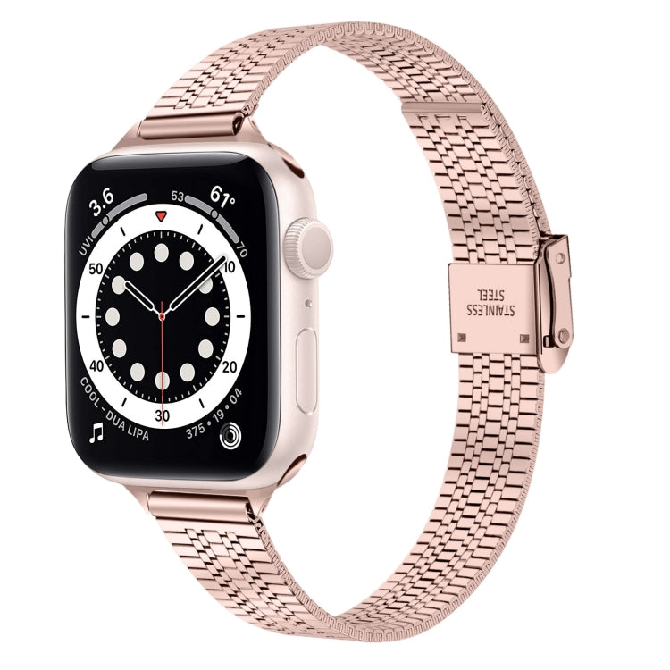 14mm Seven-beads Double Safety Buckle Slim Steel Watch Band For Apple Watch Ultra 49mm / Series 8&7 45mm / SE 2&6&SE&5&4 44mm / 3&2&1 42mm(Pink Gold)