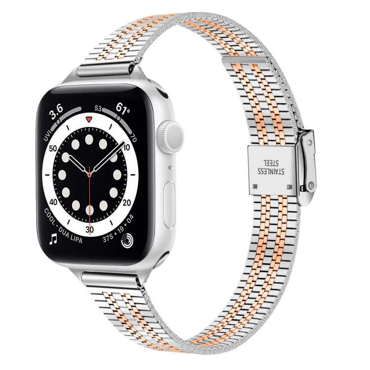14mm Seven-beads Double Safety Buckle Slim Steel Watch Band For Apple Watch Ultra 49mm / Series 8&7 45mm / SE 2&6&SE&5&4 44mm / 3&2&1 42mm(Silver Gold)