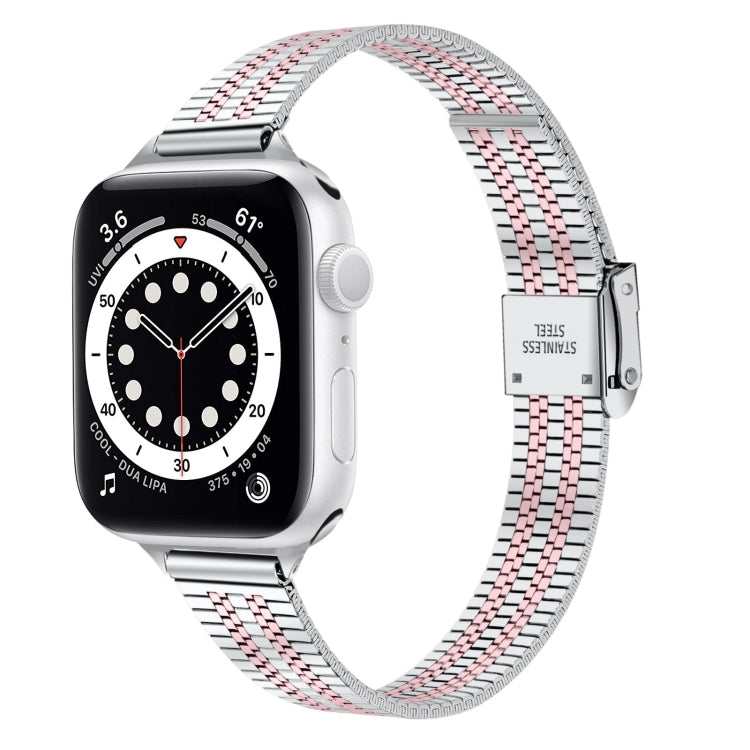 14mm Seven-beads Double Safety Buckle Slim Steel Watch Band For Apple Watch Ultra 49mm / Series 8&7 45mm / SE 2&6&SE&5&4 44mm / 3&2&1 42mm(Silver Pink)