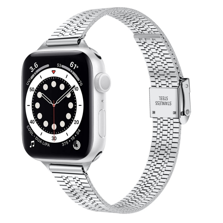 14mm Seven-beads Double Safety Buckle Slim Steel Watch Band For Apple Watch Ultra 49mm / Series 8&7 45mm / SE 2&6&SE&5&4 44mm / 3&2&1 42mm(Silver)