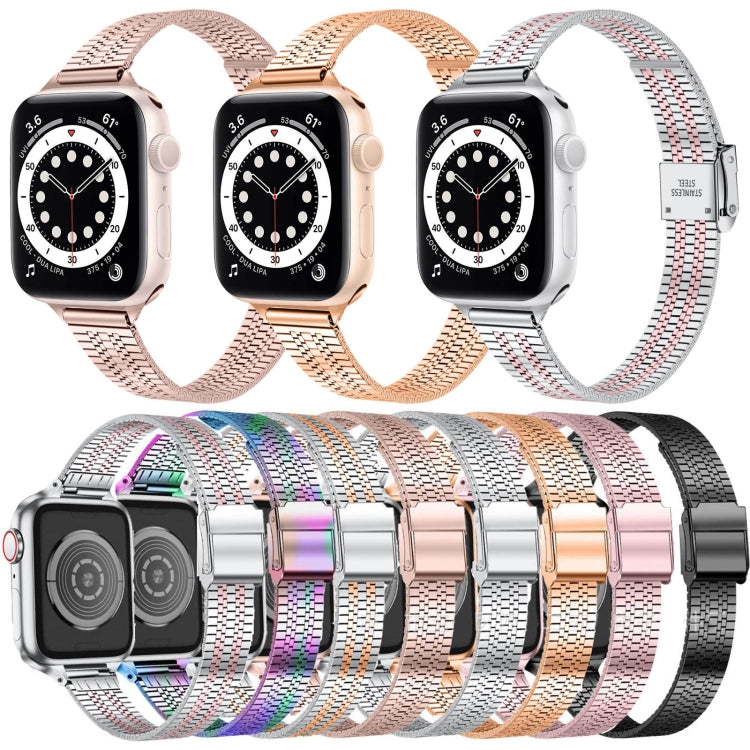 14mm Seven-beads Double Safety Buckle Slim Steel Watch Band For Apple Watch Ultra 49mm / Series 8&7 45mm / SE 2&6&SE&5&4 44mm / 3&2&1 42mm(Silver Pink)