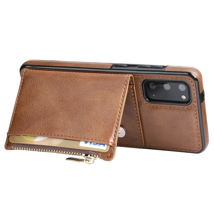 For Samsung Galaxy S20 Zipper Wallet Bag PU Back Cover Shockrpoof Phone Case with Holder & Card Slots & Wallet(Brown)