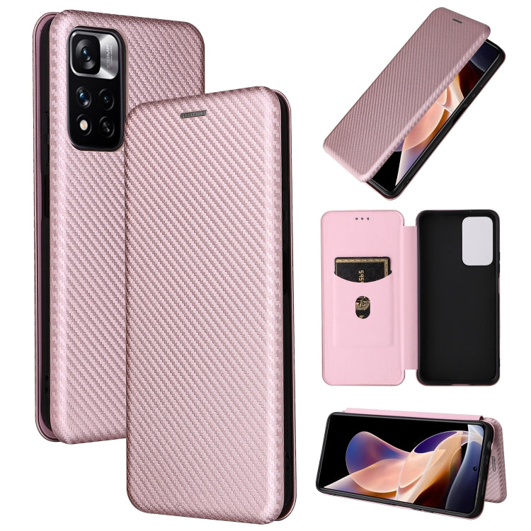 For Xiaomi Redmi Note 11 Pro / Note 11 Pro+ Carbon Fiber Texture Horizontal Flip PU Phone Case(Pink)