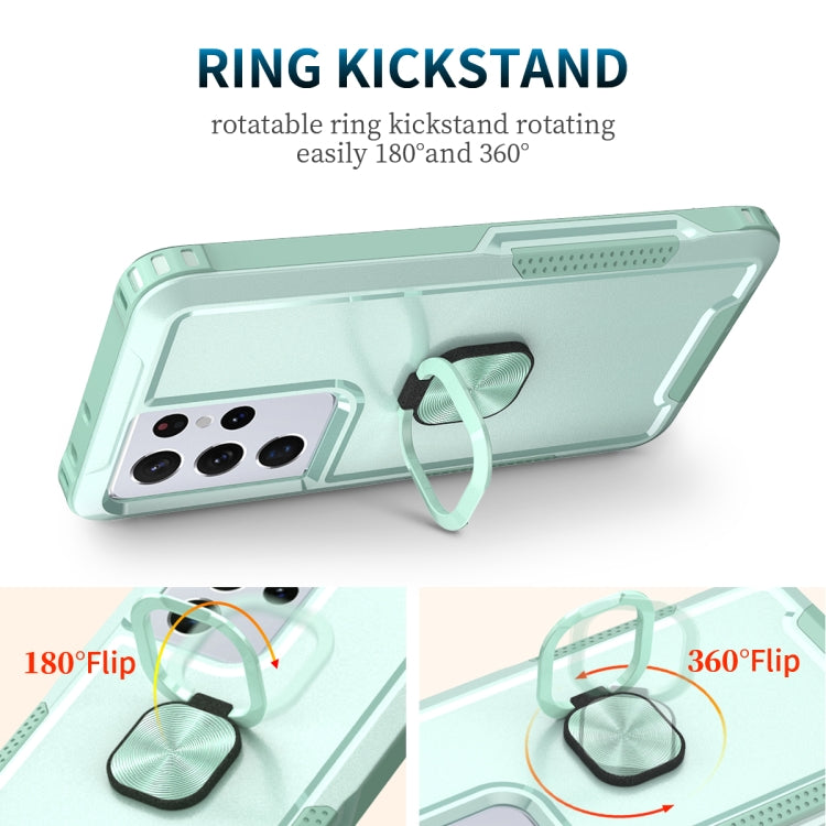 For Samsung Galaxy S21 Ultra 5G 3 in 1 PC + TPU Phone Case with Ring Holder(Mint Green)