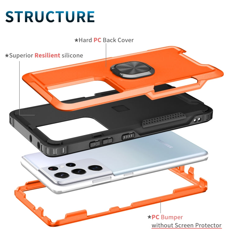 For Samsung Galaxy S21 Ultra 5G 3 in 1 PC + TPU Phone Case with Ring Holder(Orange)