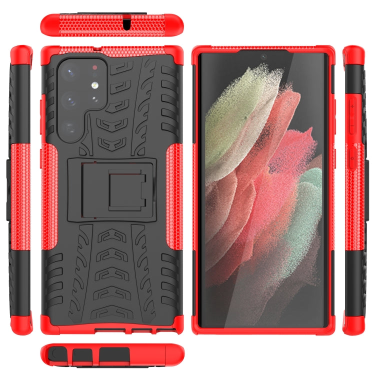 For Samsung Galaxy S22 Ultra 5G Tire Texture TPU + PC Phone Case with Holder(Red)