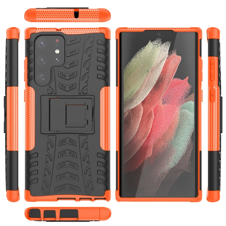 For Samsung Galaxy S22 Ultra 5G Tire Texture TPU + PC Phone Case with Holder(Orange)