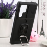 For Samsung Galaxy S22 Ultra 5G Sliding Camera Cover Design PC + TPU Shockproof Phone Case with Ring Holder & Card Slot(Black)