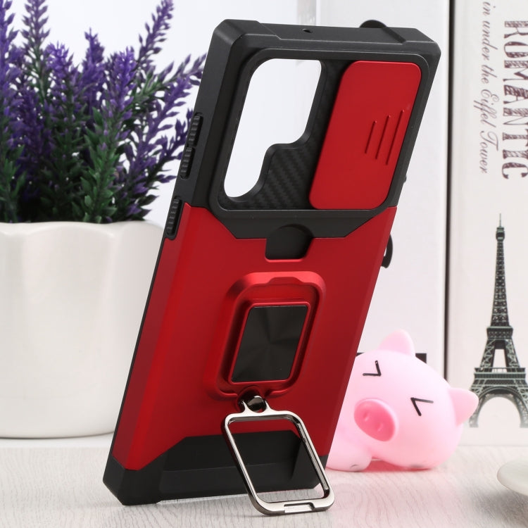 For Samsung Galaxy S22 Ultra 5G Sliding Camera Cover Design PC + TPU Shockproof Phone Case with Ring Holder & Card Slot(Red)