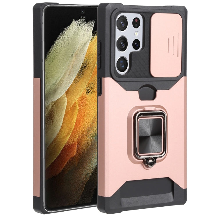 For Samsung Galaxy S22 Ultra 5G Sliding Camera Cover Design PC + TPU Shockproof Phone Case with Ring Holder & Card Slot(Rose Gold)