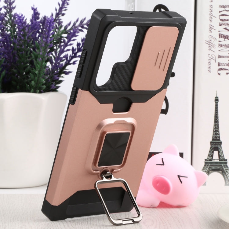 For Samsung Galaxy S22 Ultra 5G Sliding Camera Cover Design PC + TPU Shockproof Phone Case with Ring Holder & Card Slot(Rose Gold)