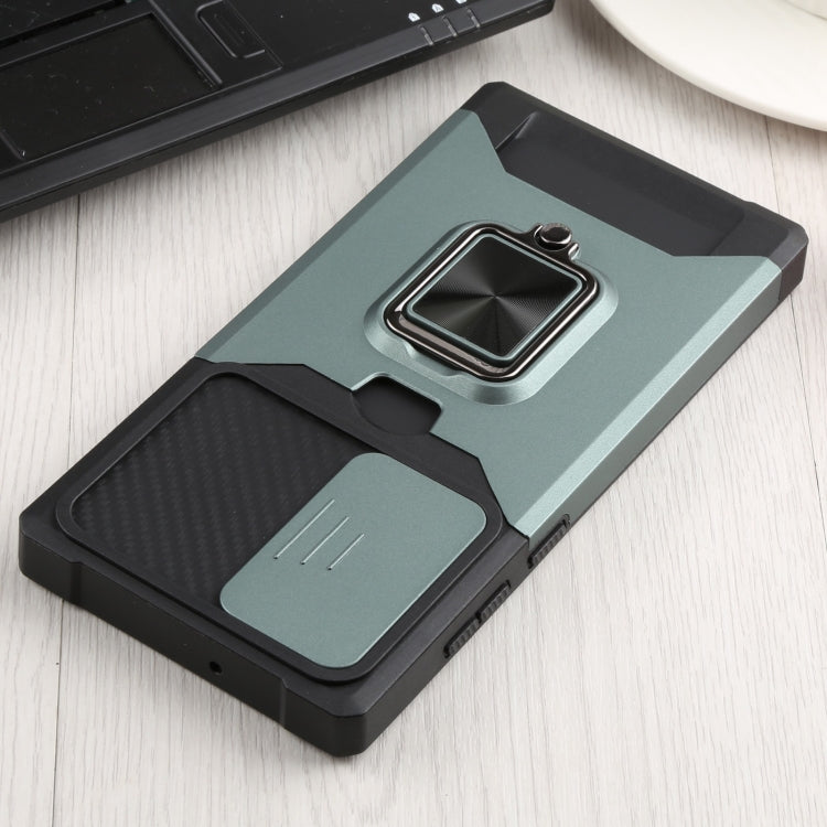 For Samsung Galaxy S22 Ultra 5G Sliding Camera Cover Design PC + TPU Shockproof Phone Case with Ring Holder & Card Slot(Dark Green)