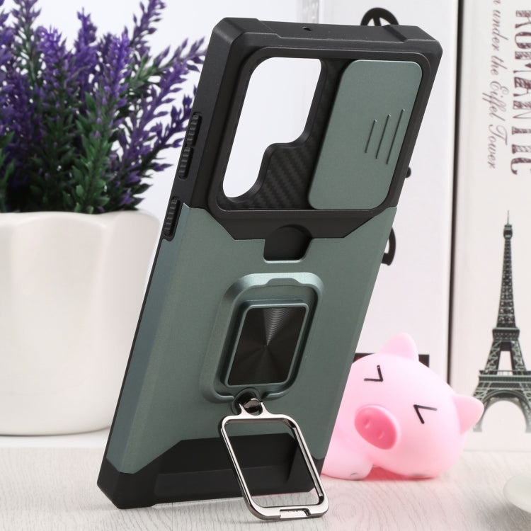 For Samsung Galaxy S22 Ultra 5G Sliding Camera Cover Design PC + TPU Shockproof Phone Case with Ring Holder & Card Slot(Dark Green)