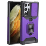 For Samsung Galaxy S22 Ultra 5G Sliding Camera Cover Design PC + TPU Shockproof Phone Case with Ring Holder & Card Slot(Purple)