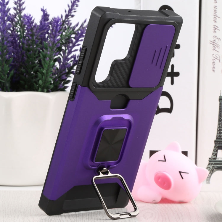 For Samsung Galaxy S22 Ultra 5G Sliding Camera Cover Design PC + TPU Shockproof Phone Case with Ring Holder & Card Slot(Purple)