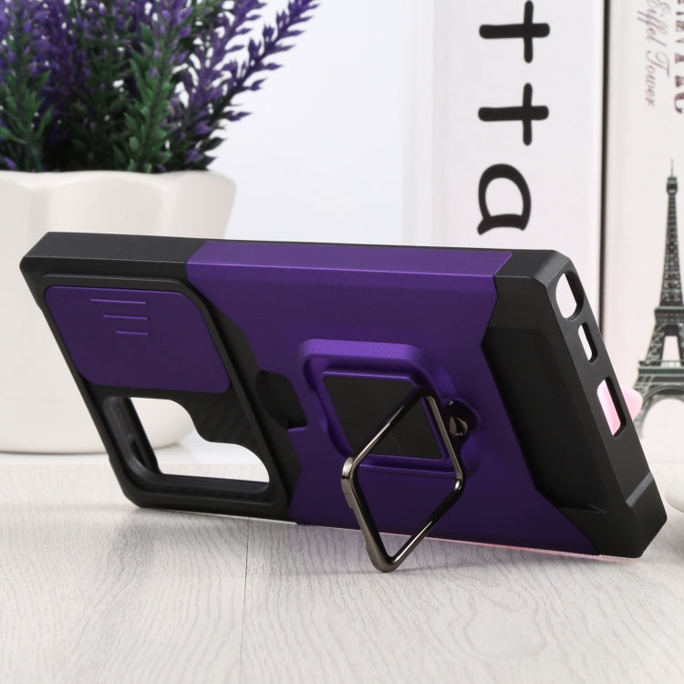 For Samsung Galaxy S22 Ultra 5G Sliding Camera Cover Design PC + TPU Shockproof Phone Case with Ring Holder & Card Slot(Purple)