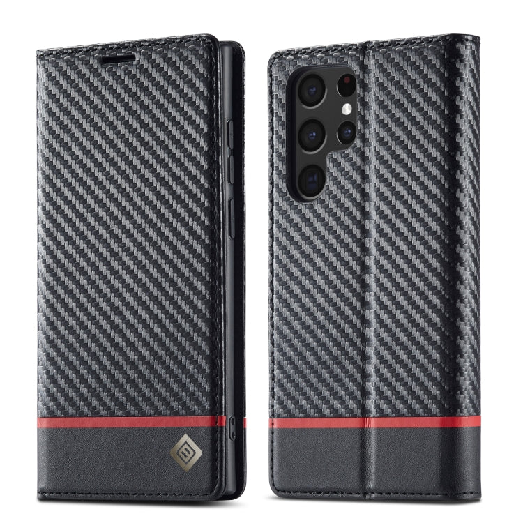 For Samsung Galaxy S22 Ultra 5G LC.IMEEKE Carbon Fiber Horizontal Flip Leather Phone Case(Horizontal Black)