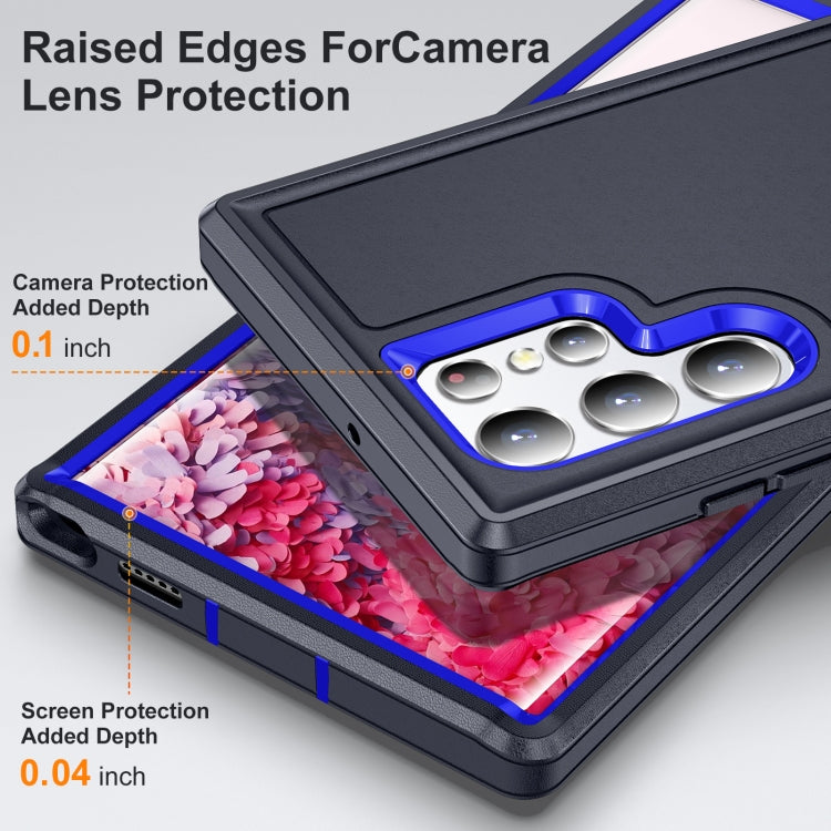 For Samsung Galaxy S22 Ultra 5G 3 in 1 Rugged Holder Phone Case(Dark Blue+Sapphire Blue)