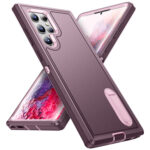 For Samsung Galaxy S22 Ultra 5G 3 in 1 Rugged Holder Phone Case(Purple+Pink)