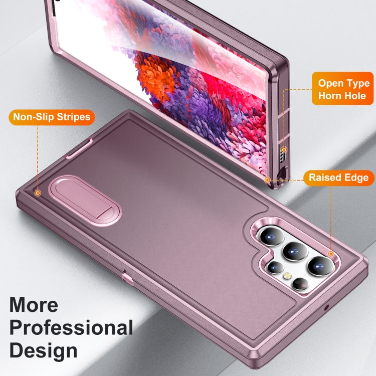 For Samsung Galaxy S22 Ultra 5G 3 in 1 Rugged Holder Phone Case(Purple+Pink)