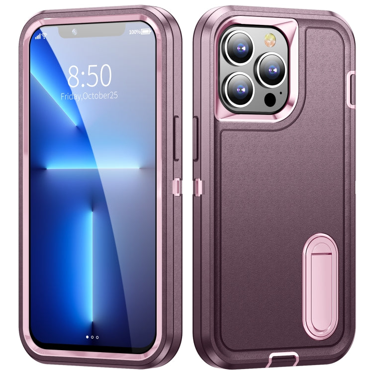 For iPhone 11 Pro 3 in 1 Rugged Holder Phone Case (Purple + Pink)