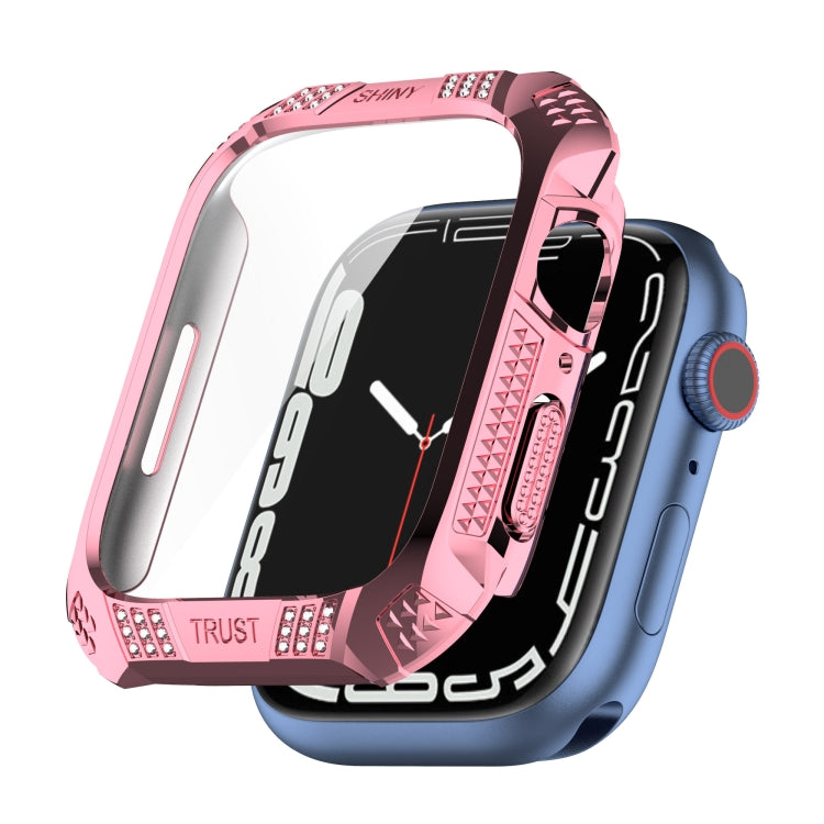 Rhombus Belt Drill + Tempered Film Integrated Case For Apple Watch Series 8 / 7 41mm(Pink)