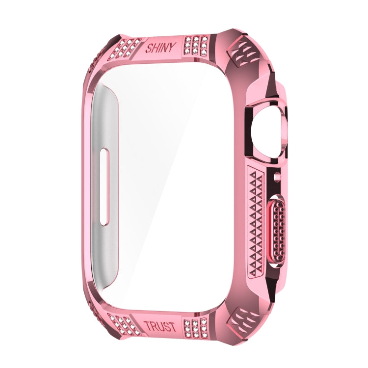 Rhombus Belt Drill + Tempered Film Integrated Case For Apple Watch Series 8 / 7 41mm(Pink)