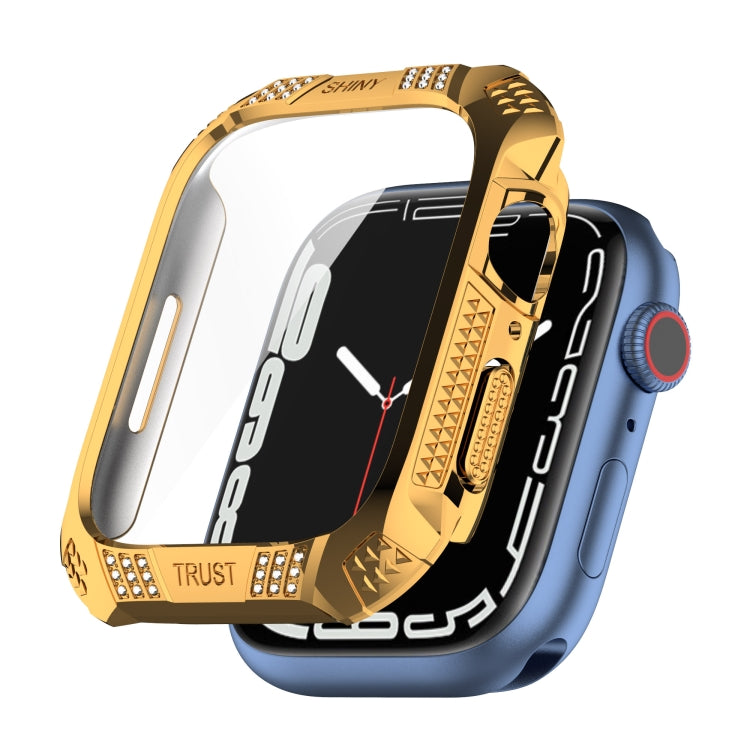 Rhombus Belt Drill + Tempered Film Integrated Case For Apple Watch Series 8 / 7 45mm(Gold)