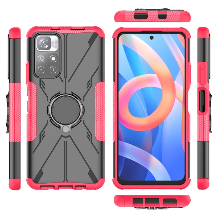 For Xiaomi Redmi Note 11 5G China Version Armor Bear Shockproof PC + TPU Phone Case with Ring Holder(Rose Red)