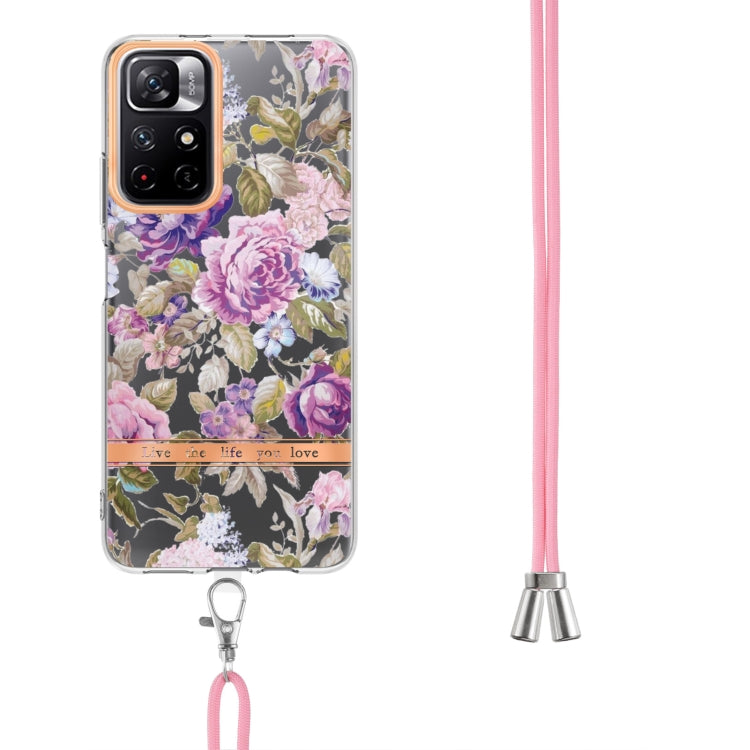 For Xiaomi Redmi Note 11 5G / Poco M4 Pro 5G Flowers Series TPU Phone Case with Lanyard(Purple Peony)