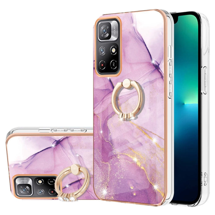 For Xiaomi Redmi Note 11 5G China / Poco M4 Pro 5G / Note 11T 5G India Electroplating Marble Pattern IMD TPU Shockproof Phone Case with Ring Holder(Purple 001)