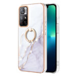 For Xiaomi Redmi Note 11 5G China / Poco M4 Pro 5G / Note 11T 5G India Electroplating Marble Pattern IMD TPU Shockproof Phone Case with Ring Holder(White 006)