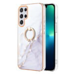 For Samsung Galaxy S22 Ultra Electroplating Marble IMD TPU Phone Case with Ring Holder(White 006)