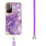 For Xiaomi Redmi Note 11 5G (China) / Note 11T 5G (India) Electroplating Marble IMD TPU Phone Case with Lanyard(Purple 002)