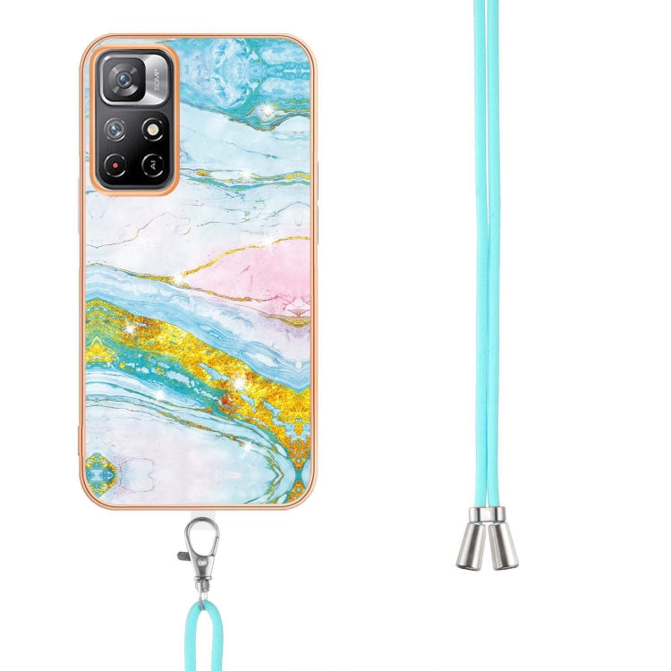 For Xiaomi Redmi Note 11 5G (China) / Note 11T 5G (India) Electroplating Marble IMD TPU Phone Case with Lanyard(Green 004)