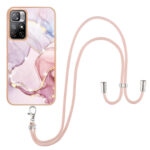 For Xiaomi Redmi Note 11 5G (China) / Note 11T 5G (India) Electroplating Marble IMD TPU Phone Case with Lanyard(Rose Gold 005)