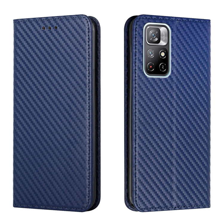 For Xiaomi Redmi Note 11 5G CN Version Carbon Fiber Texture Flip Holder Leather Phone Case(Blue)