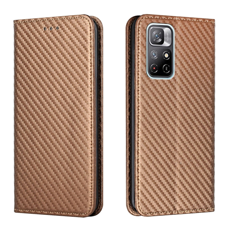 For Xiaomi Redmi Note 11 5G CN Version Carbon Fiber Texture Flip Holder Leather Phone Case(Brown)