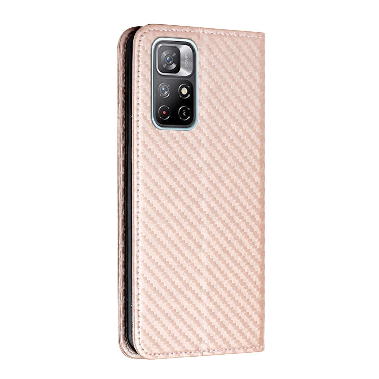 For Xiaomi Redmi Note 11 5G CN Version Carbon Fiber Texture Flip Holder Leather Phone Case(Rose Gold)