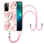 For Xiaomi Redmi Note 11 5G Chinese Splicing Marble Flower Pattern TPU Phone Case with Lanyard(Pink Flower)