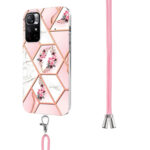 For Xiaomi Redmi Note 11 5G Chinese Splicing Marble Flower Pattern TPU Phone Case with Lanyard(Pink Flower)