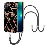 For Xiaomi Redmi Note 11 5G Chinese Splicing Marble Flower Pattern TPU Phone Case with Lanyard(Black Flower)