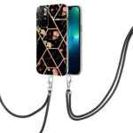 For Xiaomi Redmi Note 11 5G Chinese Splicing Marble Flower Pattern TPU Phone Case with Lanyard(Black Flower)