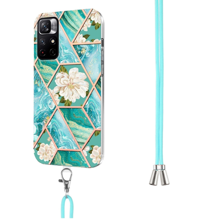 For Xiaomi Redmi Note 11 5G Chinese Splicing Marble Flower Pattern TPU Phone Case with Lanyard(Blue Flower)