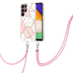 For Samsung Galaxy S22 Ultra 5G Electroplating Splicing Marble TPU Phone Case with Lanyard(Pink White)