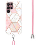 For Samsung Galaxy S22 Ultra 5G Electroplating Splicing Marble TPU Phone Case with Lanyard(Pink White)